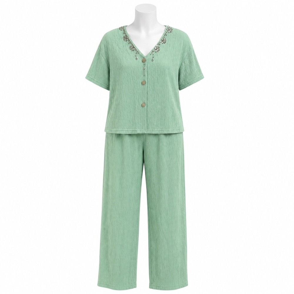 Vintage Y2K Colon 2 Piece Pants Set OS Mint Green Beaded Top Made USA Matching